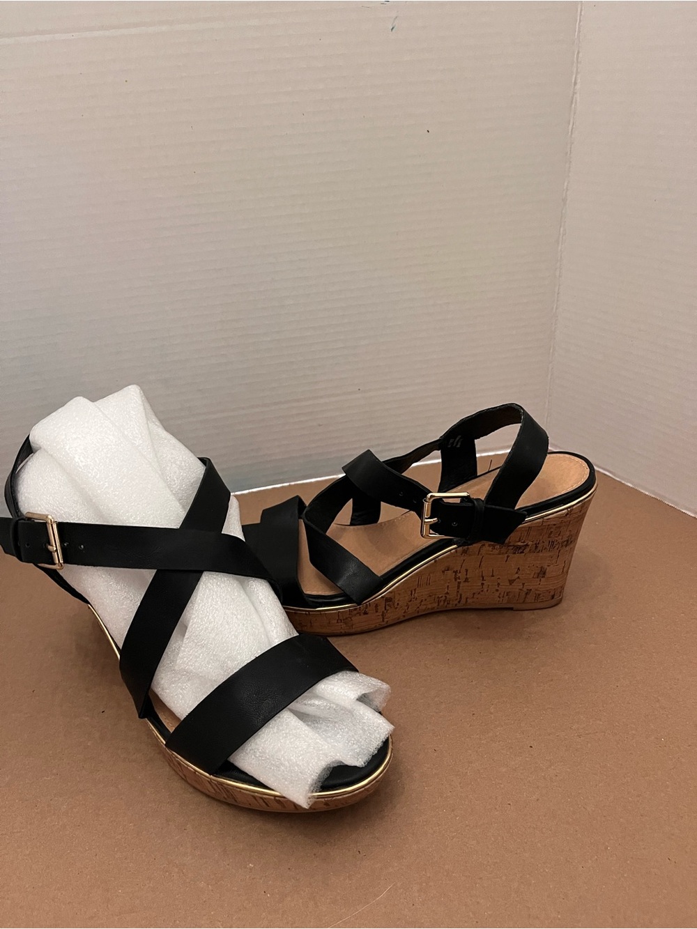 Black Cork Wedge Sandals with Cross Straps